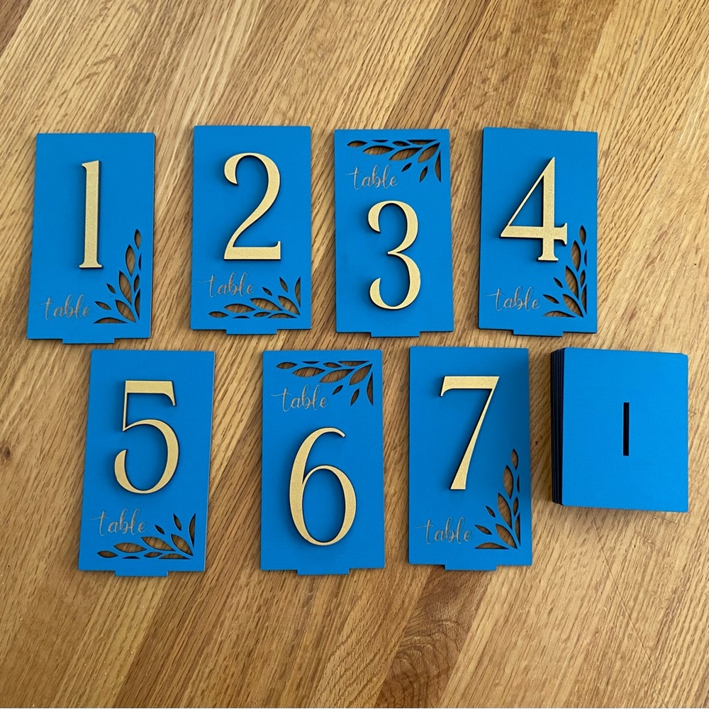 Wooden Table Numbers 1-7 Standing, Handmade, Blue and Gold, for Events/ Weddings - Picture 1 of 9